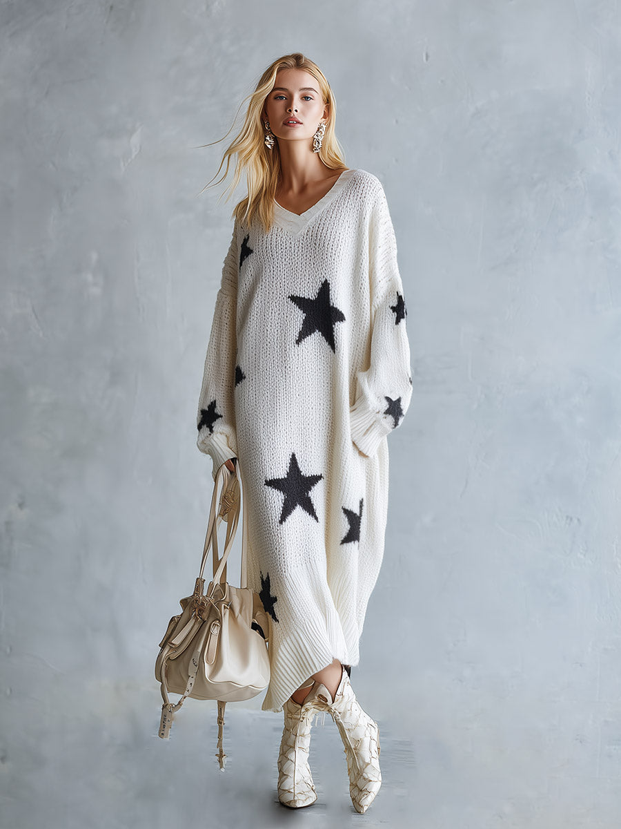 Oversized Star Print Knit Sweater Maxi Dress