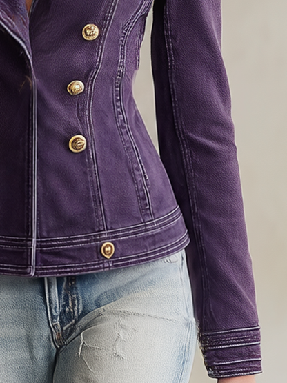 Purple Denim Jacket Fitted Double Breasted Gold Button Stand Collar