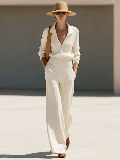 Simple Retro Off-white Half-zip Knit Pullover And Wide-leg Pants Set