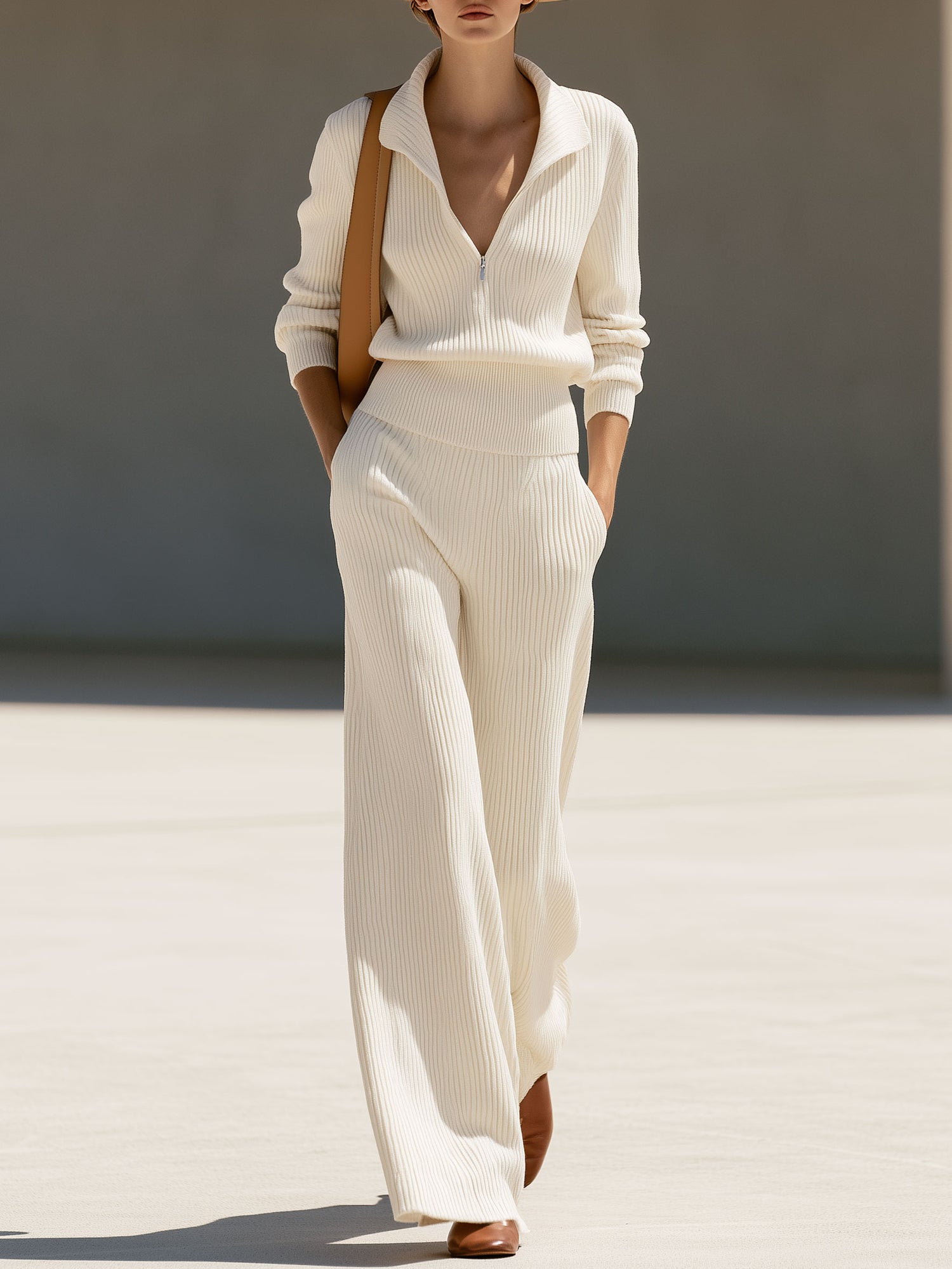 Simple Retro Off-white Half-zip Knit Pullover And Wide-leg Pants Set