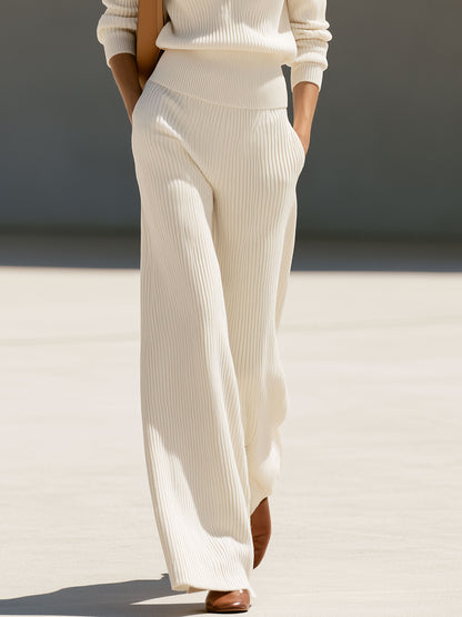 Simple Retro Off-white Half-zip Knit Pullover And Wide-leg Pants Set