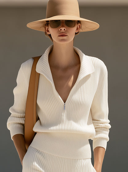 Simple Retro Off-white Half-zip Knit Pullover And Wide-leg Pants Set