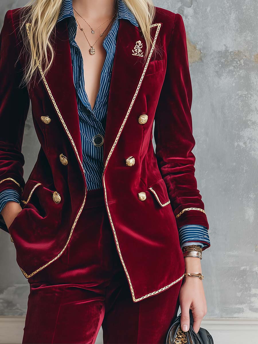 Casual Vintage Double-breasted Burgundy Velvet Blazer