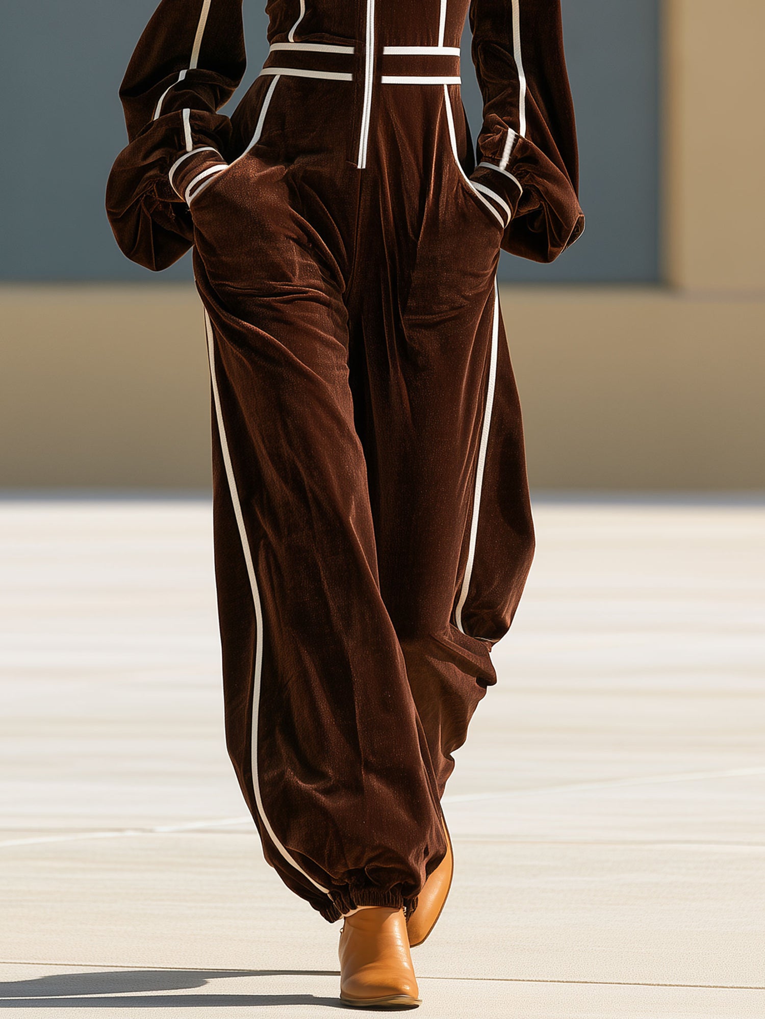 Casual Retro Color-blocked Woven Brown Velvet Zip-up Jumpsuit