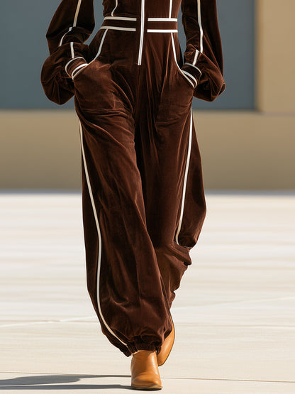 Casual Retro Color-blocked Woven Brown Velvet Zip-up Jumpsuit