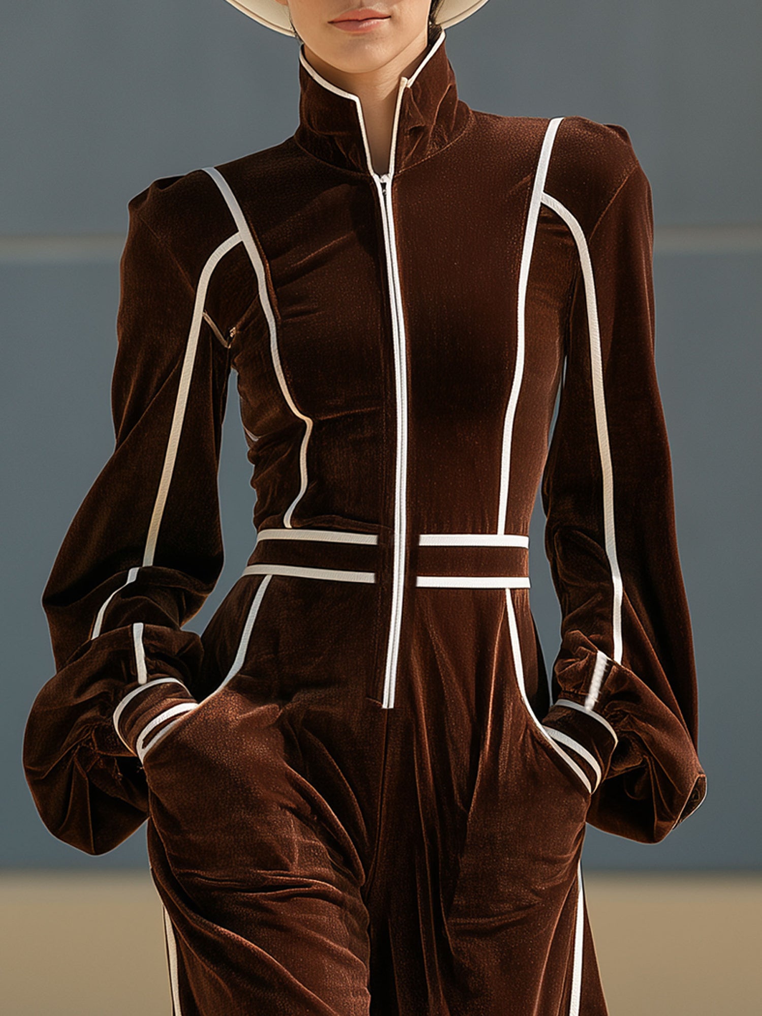 Casual Retro Color-blocked Woven Brown Velvet Zip-up Jumpsuit