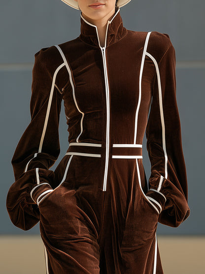 Casual Retro Color-blocked Woven Brown Velvet Zip-up Jumpsuit