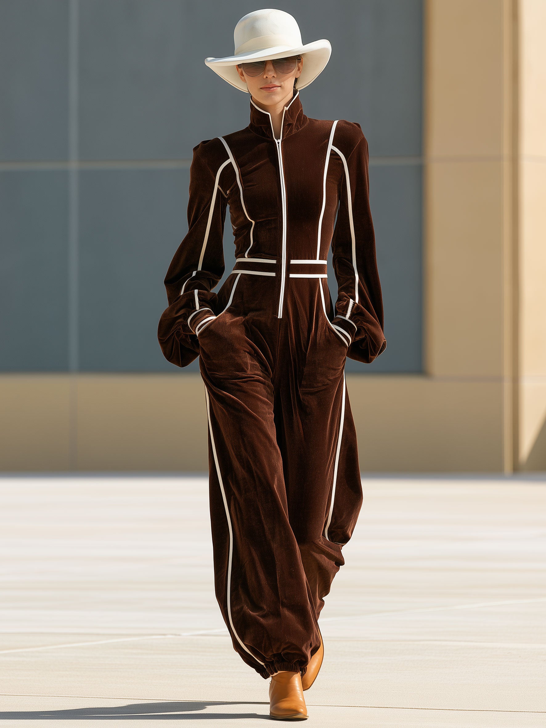 Casual Retro Color-blocked Woven Brown Velvet Zip-up Jumpsuit