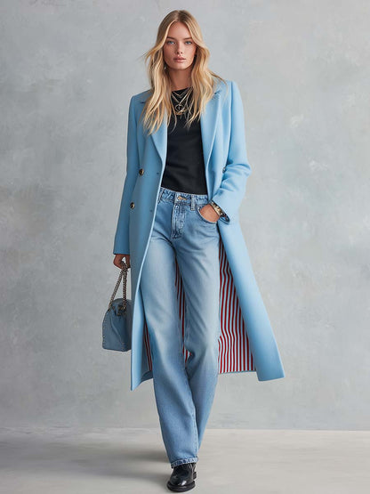 Elegant Classic Lapel Double-breasted Style With Striped Lining Mid-to-long Tweed Coat