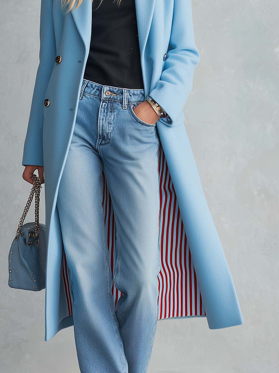 Elegant Classic Lapel Double-breasted Style With Striped Lining Mid-to-long Tweed Coat