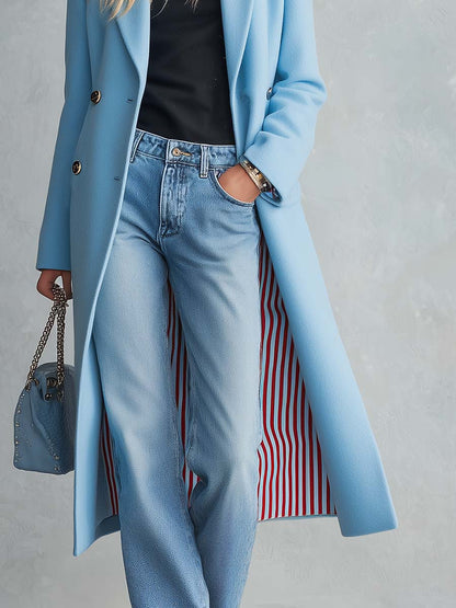 Elegant Classic Lapel Double-breasted Style With Striped Lining Mid-to-long Tweed Coat