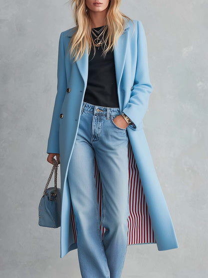 Elegant Classic Lapel Double-breasted Style With Striped Lining Mid-to-long Tweed Coat