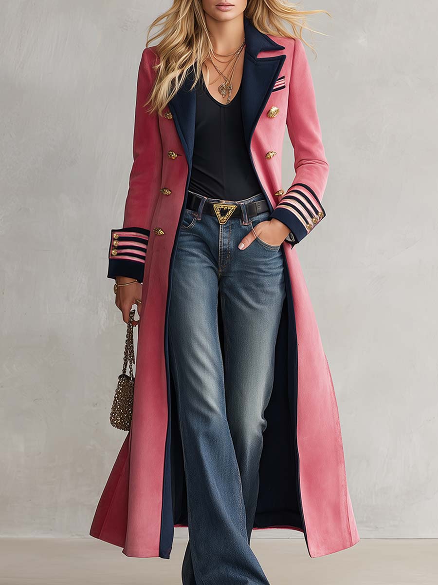 Elegant And Classic Lapel Collar Double-breasted Contrast Detailing Long Tweed Coat