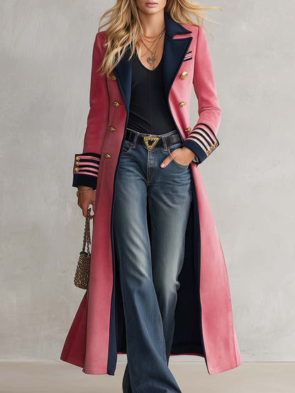 Elegant And Classic Lapel Collar Double-breasted Contrast Detailing Long Tweed Coat