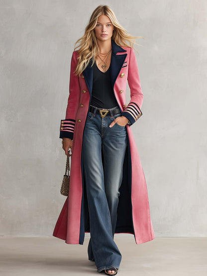 Elegant And Classic Lapel Collar Double-breasted Contrast Detailing Long Tweed Coat