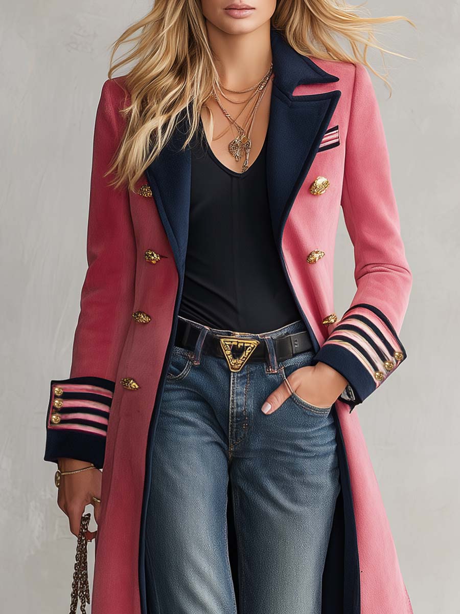 Elegant And Classic Lapel Collar Double-breasted Contrast Detailing Long Tweed Coat