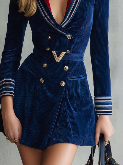 Elegant Retro Color-block Collared Dark Blue Corduroy Mini Dress