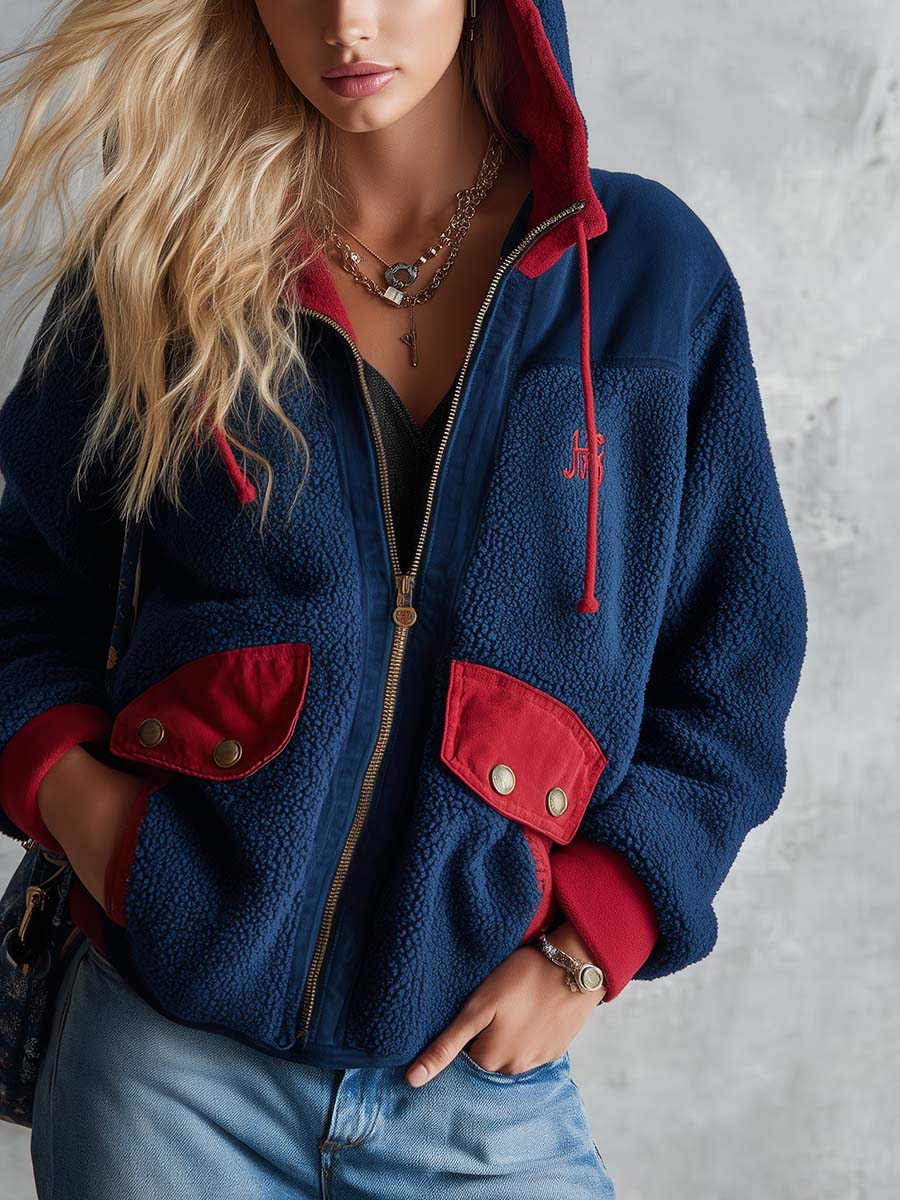 Casual Vintage Dark Blue Polar Fleece Zip-Up Jacket Coat Hoodie