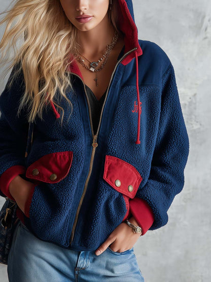 Casual Vintage Dark Blue Polar Fleece Zip-Up Jacket Coat Hoodie