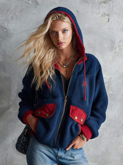 Casual Vintage Dark Blue Polar Fleece Zip-Up Jacket Coat Hoodie