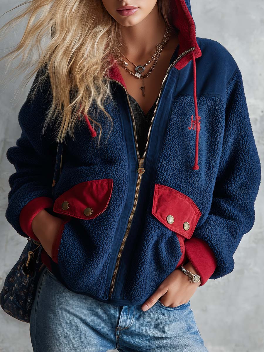 Casual Vintage Dark Blue Polar Fleece Zip-Up Jacket Coat Hoodie