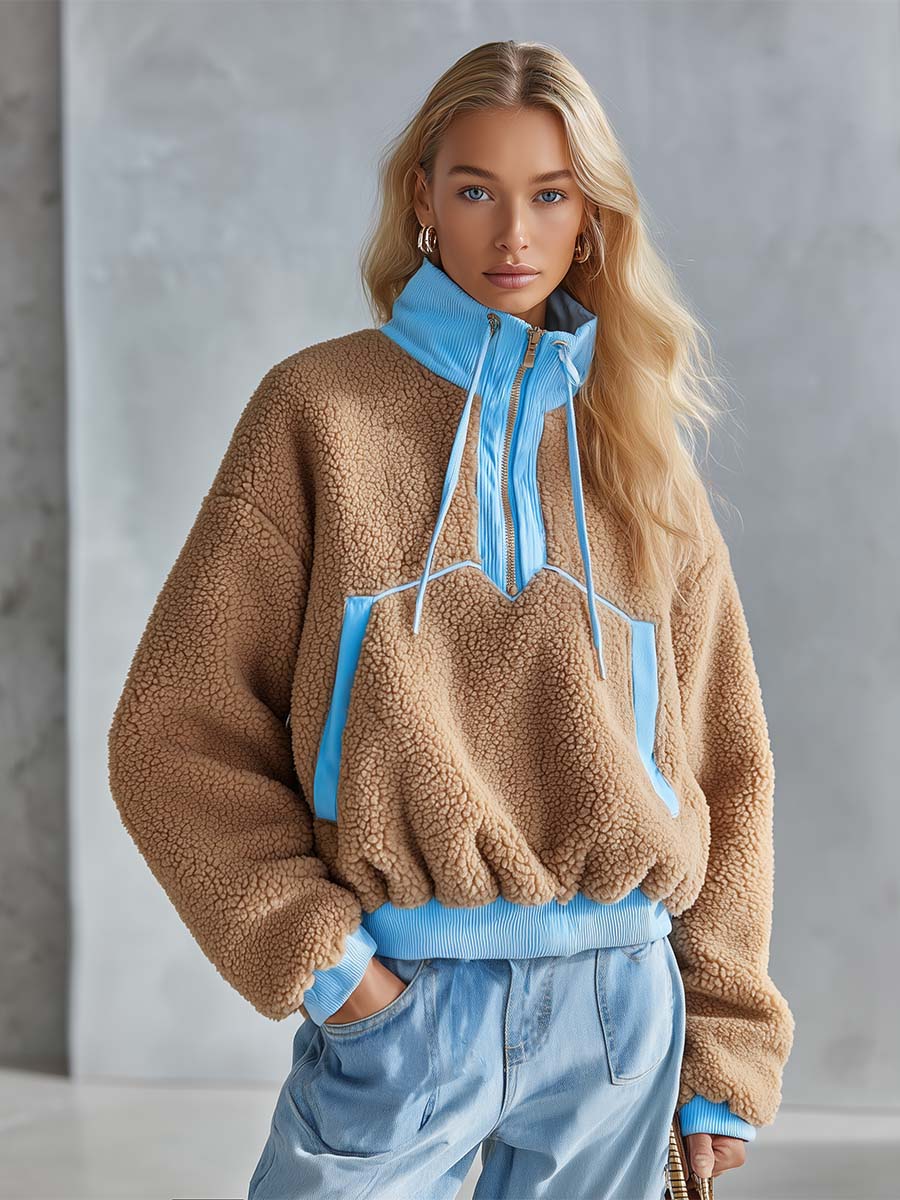 Casual Chic Light Blue Trim Zip-Up Camel Fleece Sweatshirt