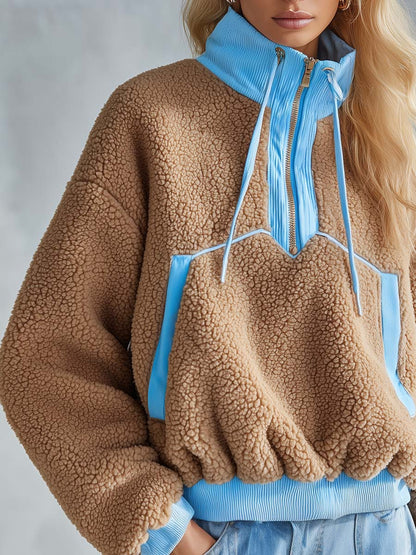 Casual Chic Light Blue Trim Zip-Up Camel Fleece Sweatshirt