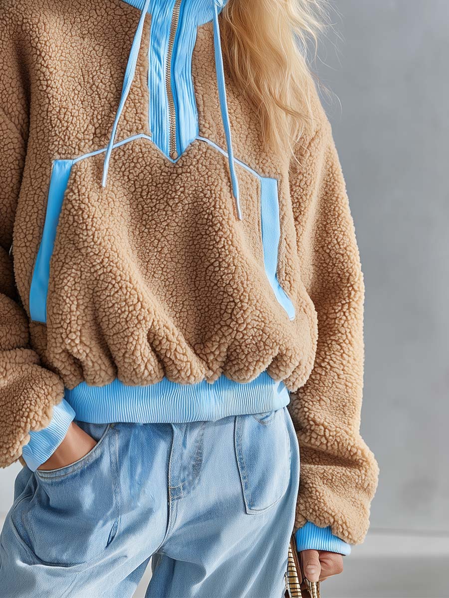 Casual Chic Light Blue Trim Zip-Up Camel Fleece Sweatshirt