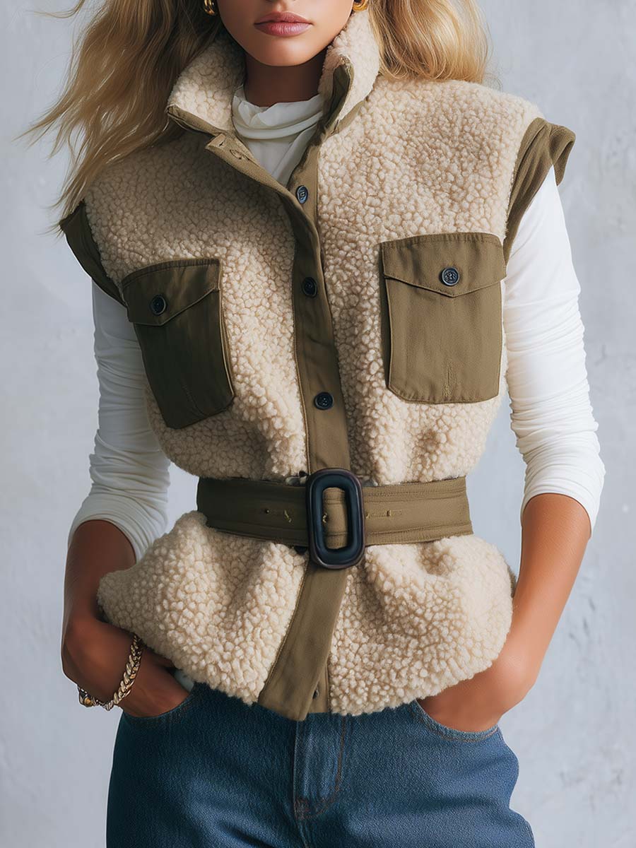 Vintage Classic Cream-colored Fleece With Olive Green Cotton Accents Vest