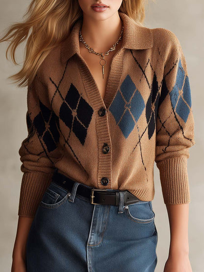Old-Money Camel Argyle Collared Button-Front Long-Sleeve Knit Cardigan Women