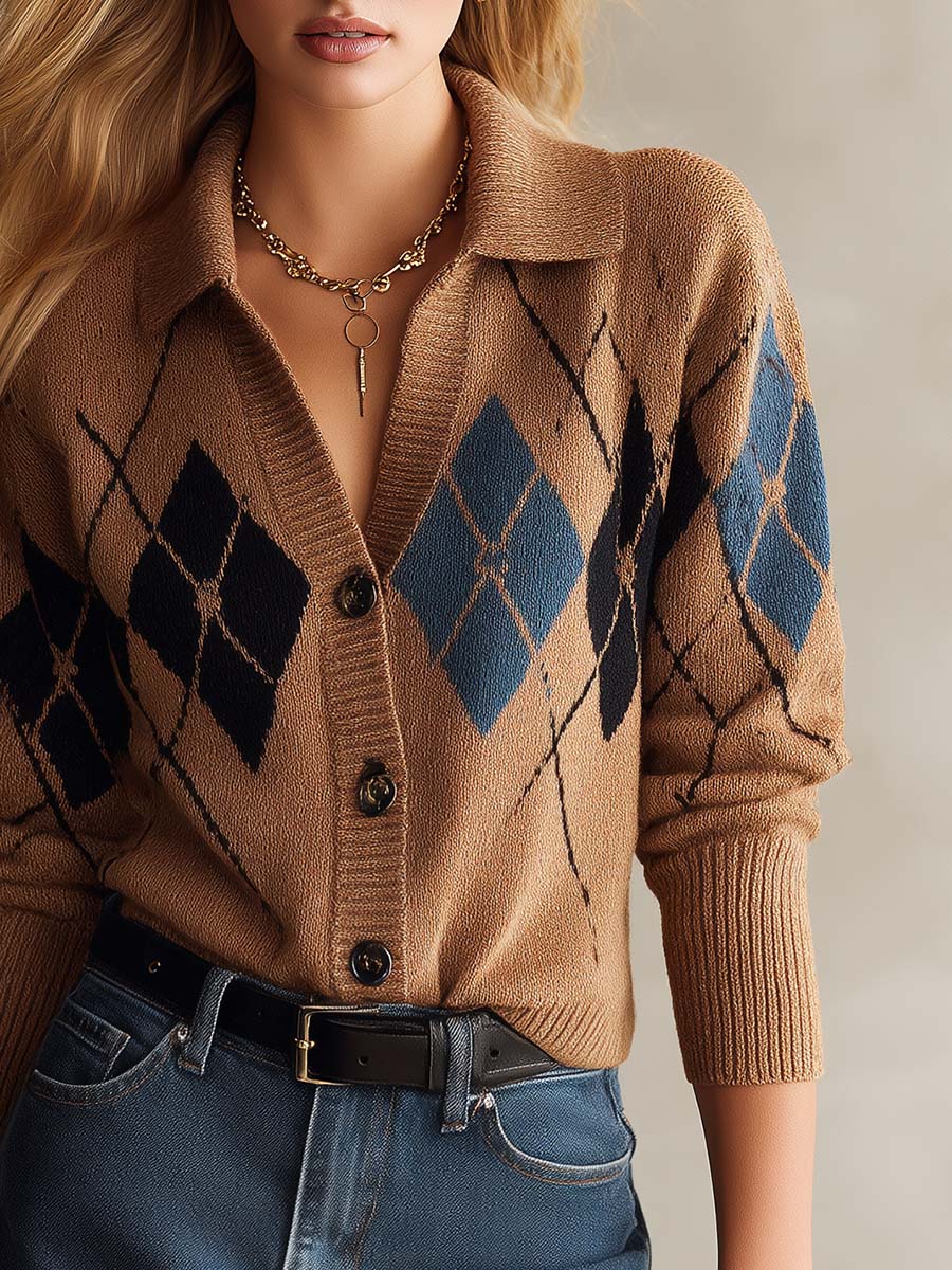 Old-Money Camel Argyle Collared Button-Front Long-Sleeve Knit Cardigan Women