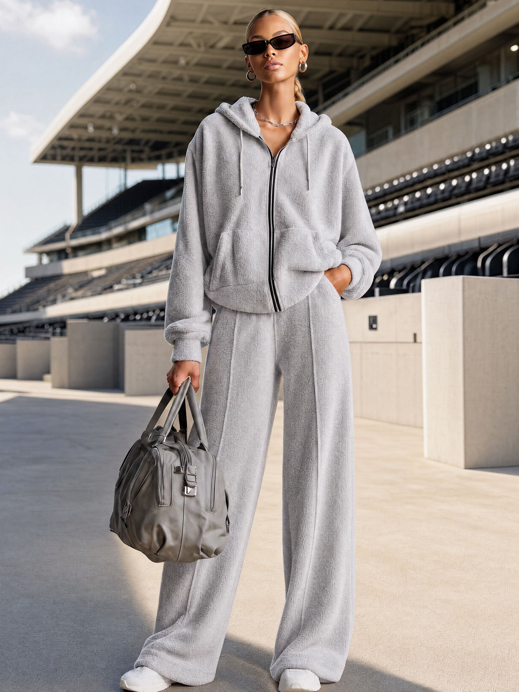 Casual Sporty Light Gray Fleece Zip-up Hoodie And Wide-leg Pants Set