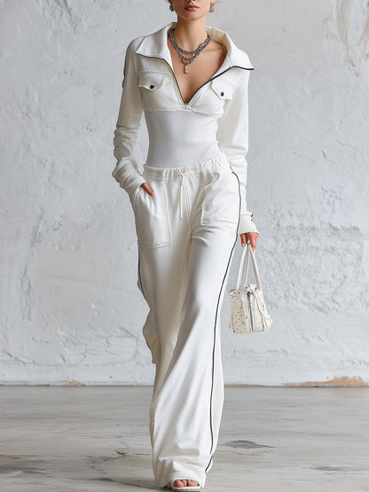 Elegant Sporty-trim Cream-white Top And Wide-leg Trousers Set