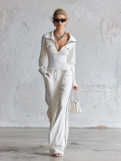 Elegant Sporty-trim Cream-white Top And Wide-leg Trousers Set