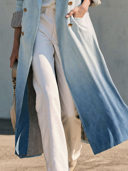 Retro-elegant Light Blue Gradient Double-breasted Striped Long Coat