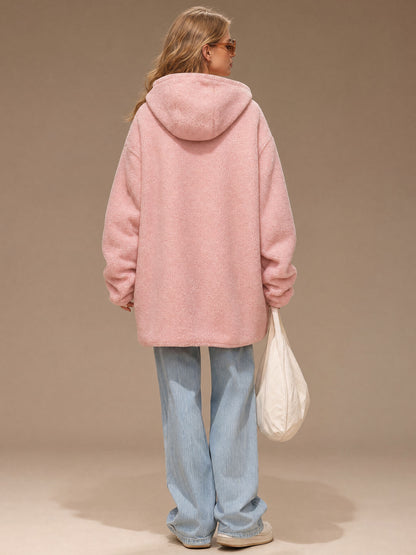 Casual Sporty Pink Fleece Zip-up Hooded Coat