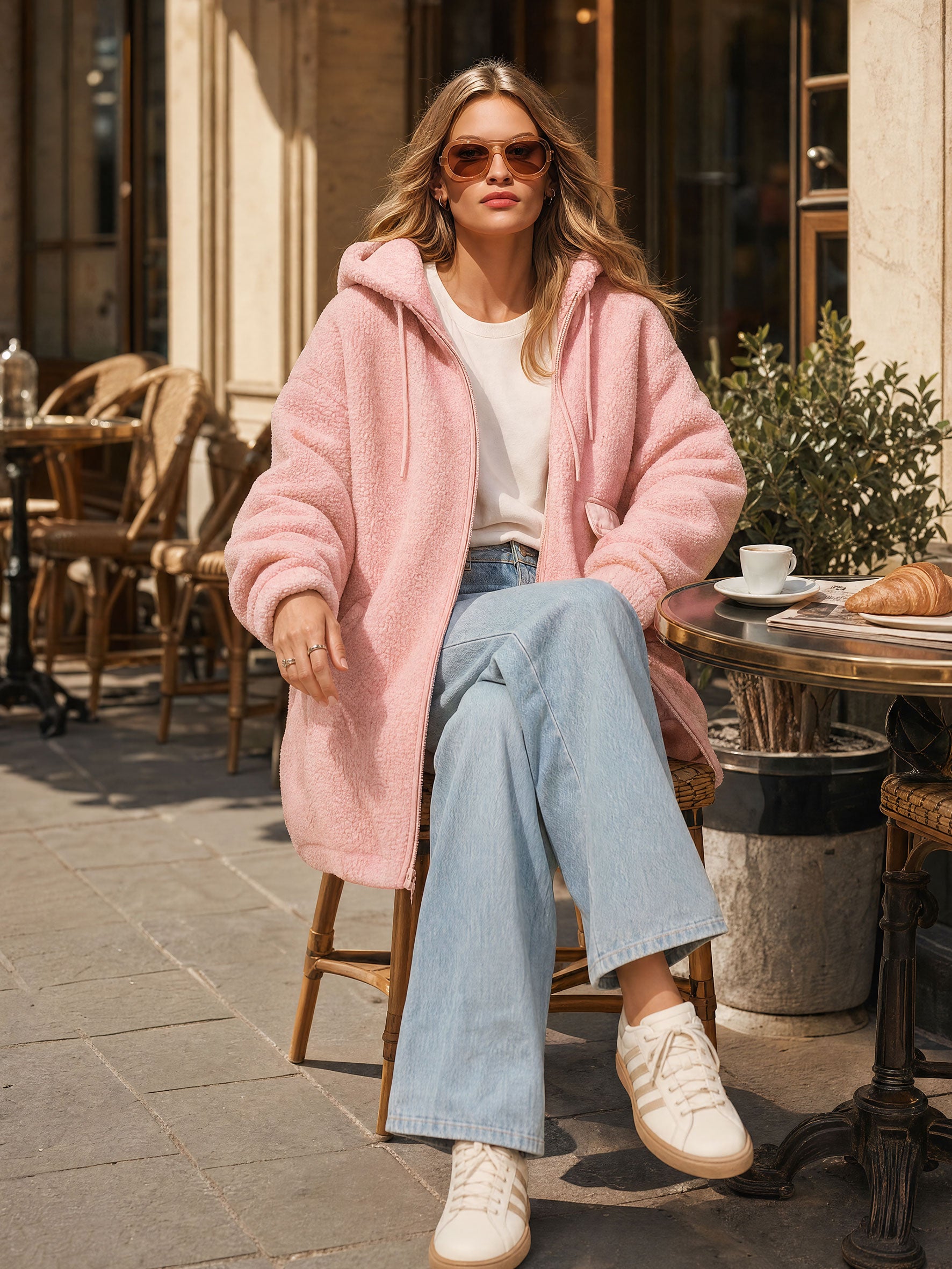 Casual Sporty Pink Fleece Zip-up Hooded Coat