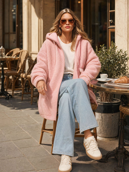 Casual Sporty Pink Fleece Zip-up Hooded Coat