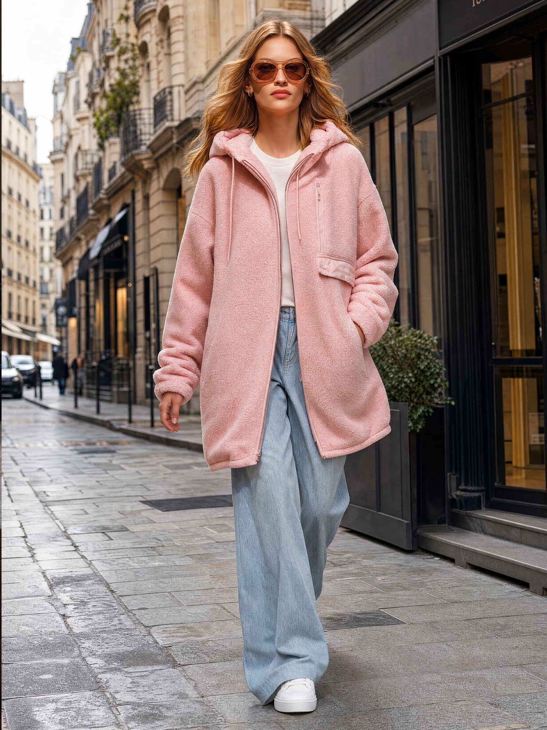 Casual Sporty Pink Fleece Zip-up Hooded Coat