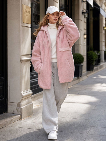 Casual Sporty Pink Fleece Zip-up Hooded Coat