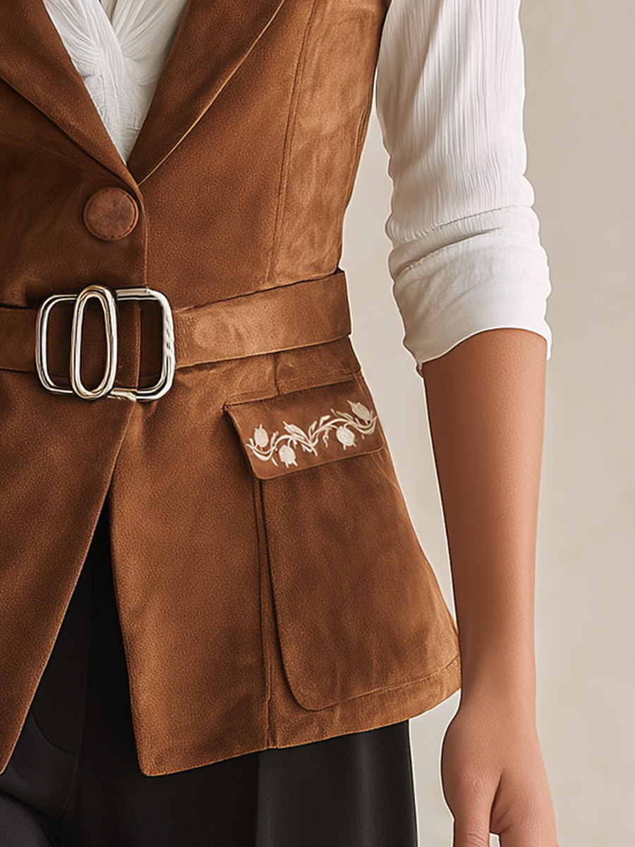 Embroidered Faux Suede Vest – Retro Casual And Elegant Style