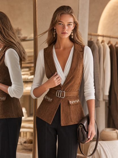 Embroidered Faux Suede Vest – Retro Casual And Elegant Style