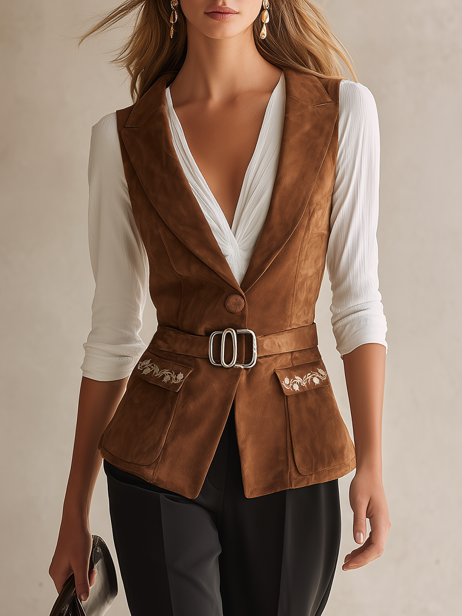 Embroidered Faux Suede Vest – Retro Casual And Elegant Style