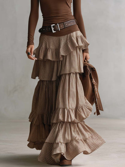 Elegant Retro Brown High-neck Top And Plaid Tiered Maxi Skirt Set