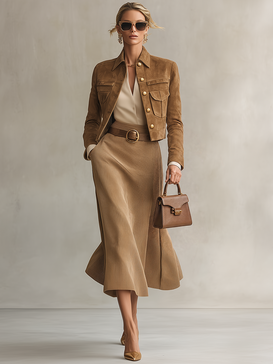 Retro-casual Elegant Faux-suede Top And Corduroy Skirt