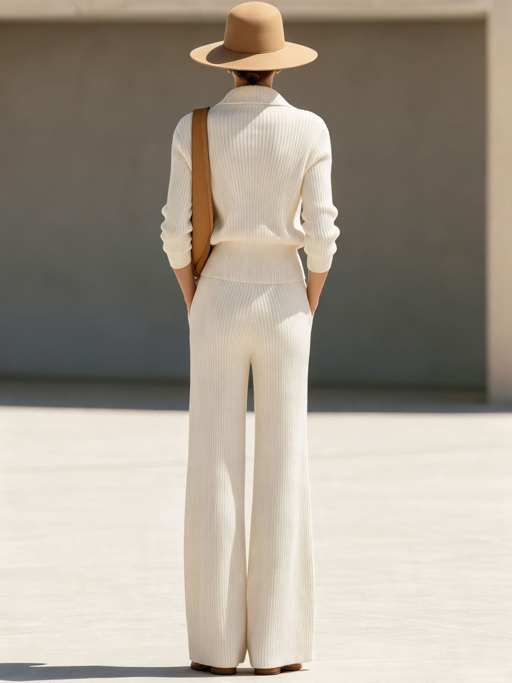 Simple Retro Off-white Half-zip Knit Pullover And Wide-leg Pants Set