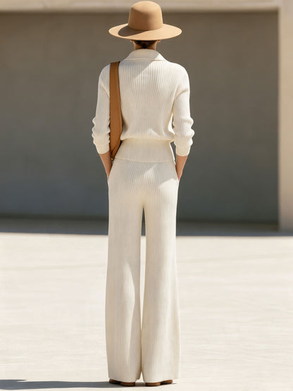 Simple Retro Off-white Half-zip Knit Pullover And Wide-leg Pants Set
