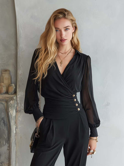 Elegant Classic V-neck Mesh Sleeves Black Satin Long-sleeve Blouse