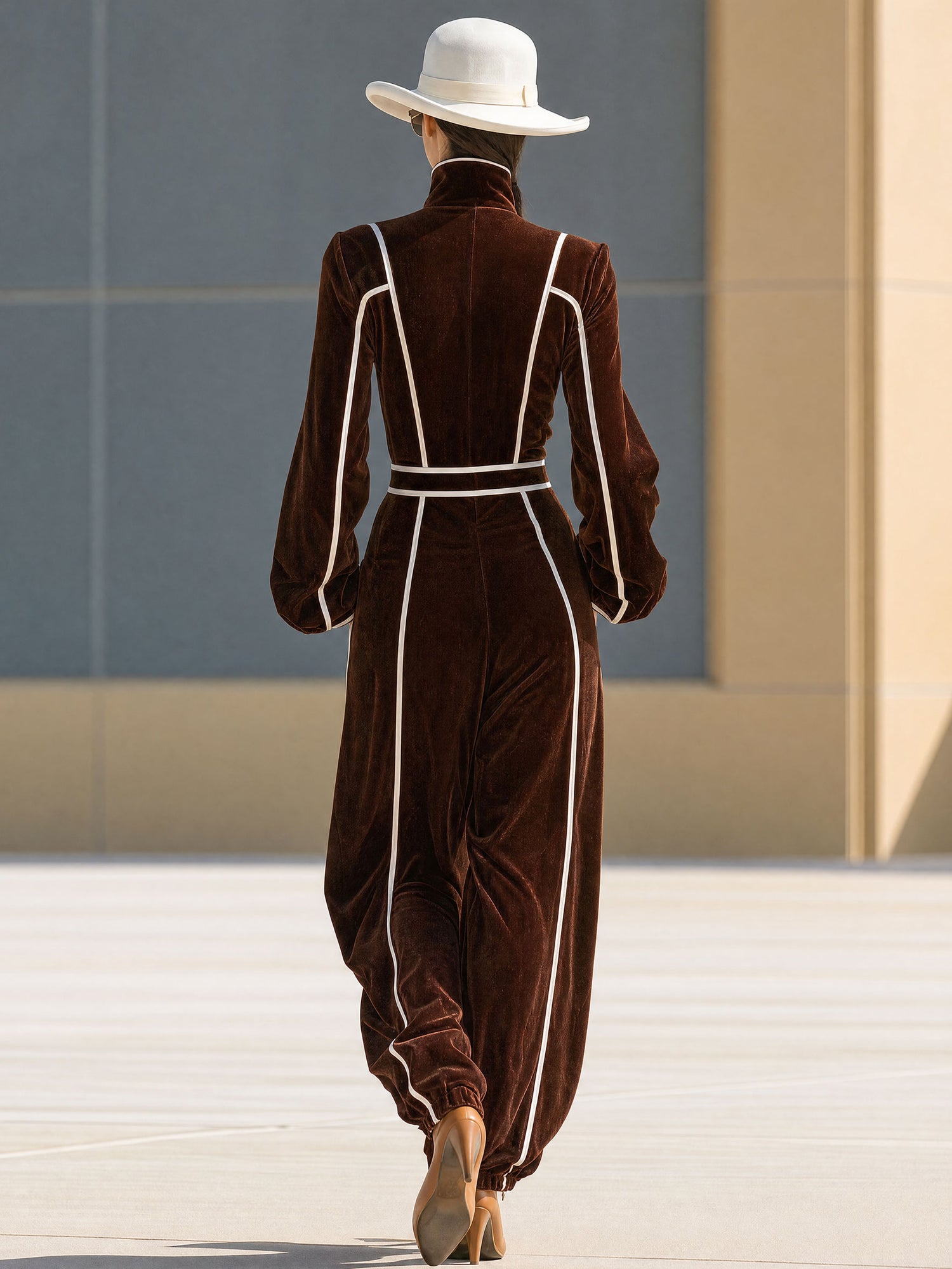 Casual Retro Color-blocked Woven Brown Velvet Zip-up Jumpsuit