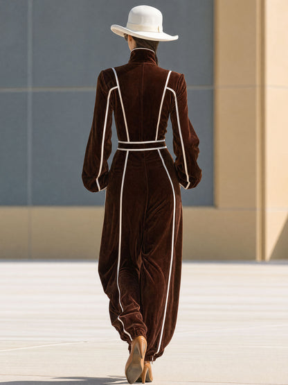 Casual Retro Color-blocked Woven Brown Velvet Zip-up Jumpsuit